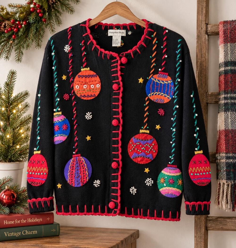 Vintage Hampshire Studio Christmas Cardigan L Beaded Ornament Holiday Sweater